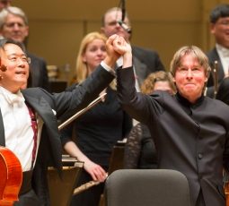 Yo Yo Ma and Esa-Pekka Salonen take bows after performing the Lutoslawski Cello Concerto with Chicago Symphony Orchestra 2013 credit Todd Rosenberg