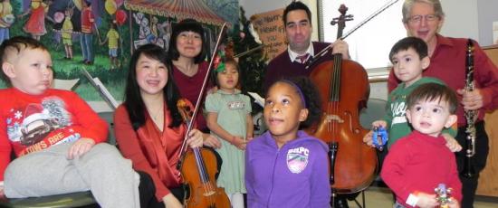 Civitas members Yuan-Qing Wu (violin), Kenneth Olsen (cello) and J. Lawrie Bloom (clarinet) with their favorite audience, hospitalized children (credit Civitas)