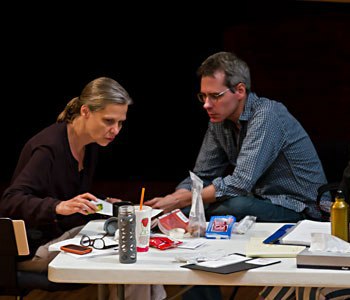 Playwright Bruce Norris, center, who works often with Steppenwolf, is pictured in a 2011 rehearsal with director Amy Morton for 'Clybourne Park.' (Joel Moorman)