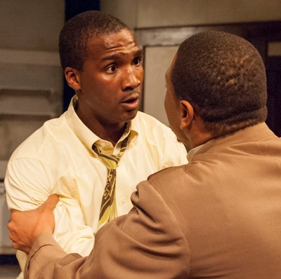 Walter Lee Younger (Jerod Haynes) gets very bad news from Bobo (Wardell Julius Clark) in TimeLine's 'A Raisin in the Sun' 2013 (Lara Goetsch)
