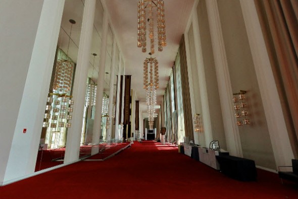 North Grand Foyer, Kennedy Center, which is lobby for Concert Hall, Opera House and Eisenhower Theater. It is 60' high, 630' long, among the world's largest.
