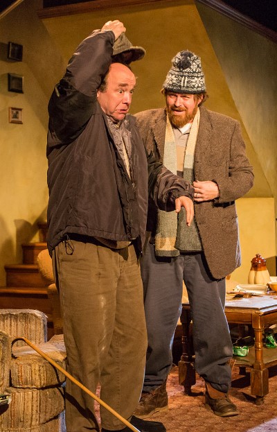 Blind Richard (Brad Armacost, left) gets a steadying hand from Ivan (Ira Amyx) in 'The Seafarer' at Seanachai Theatre. (Joe Mazza)