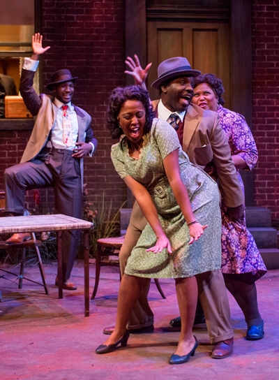 Dancing for joy are Vera (Ebony Wimbs, center), Red (Ronald Conner) and Louise (Felicia Fields) as Canewell (Jerod Haynes) looks on. (Michael Brosilow)