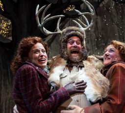 Mistresses Ford (Heidi Kettenring, left) and Page (Kelli Fox) with the antlered Falstaff (Scott Jaeck) at Chicago Shakespeare Theater. (Liz Lauren)