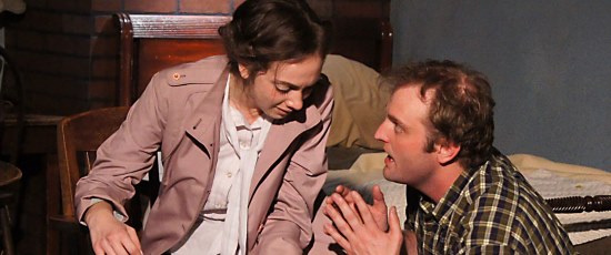Joseph Wiens plays Jimmy Porter with Baize Buzan as his wife Alison in 'Look Back in Anger' ta Redtwist Theatre. (Jan Ellen Graves)