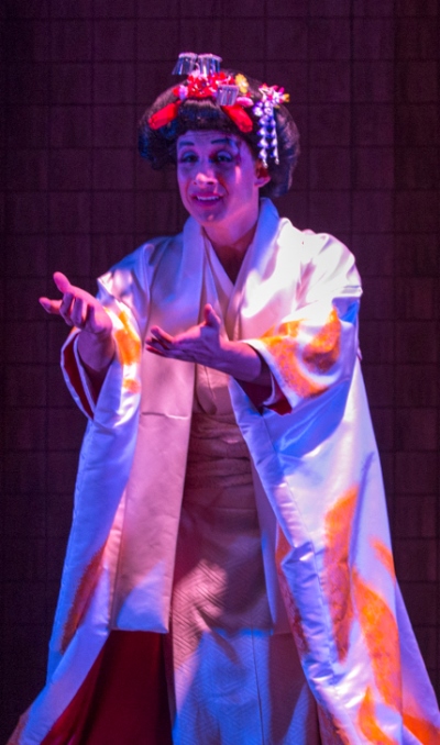Song Liling (Nathaniel Braga) fully tricked out as Madama Butterfly in 'M. Butterfly' by David Henry Hwang Court Theatre 2014. (Michael Brosilow)