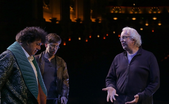 Andrea Silvestrelli (left, Commendatore) and fight director Nicolas Sandys consult with director Robert Falls at a 'Don Giovanni rehearsal. (Andrew Cioffi)