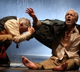 Crazed, rejected Lear (Larry Yando, right) confronts wild nature with his devoted Fool (Ross Lehman). (Liz Lauren)