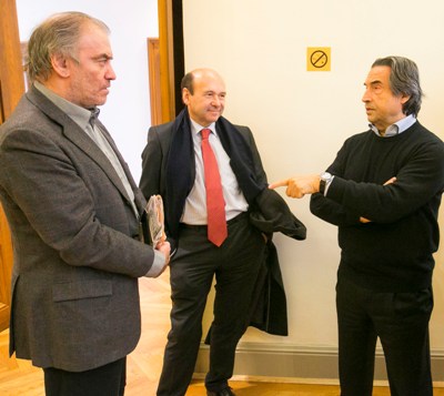 Conductor Valery Gergiev and Dominique Meyer, artistic director of the Vienna State Opera, were among the many who dropped in on Riccardo Muti backstage during Chicago Symphony Orchestra rehearsals at the Vienna Musikverein. (Todd Rosenberg)