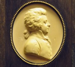 Mozart, detail of plaster relief of wood engraving by Leonard Posch  (Wien Kunsthistorisches Museum)
