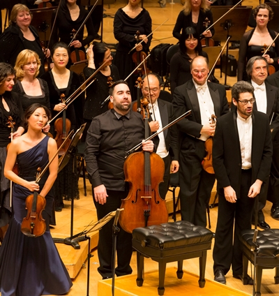 Conductor Riccardo Muti, far right, shared a bow with Beethoven concerto soloists Stephanie Jeong, Kenneth Olsen and Jonathan Biss. (Todd Rosenberg)