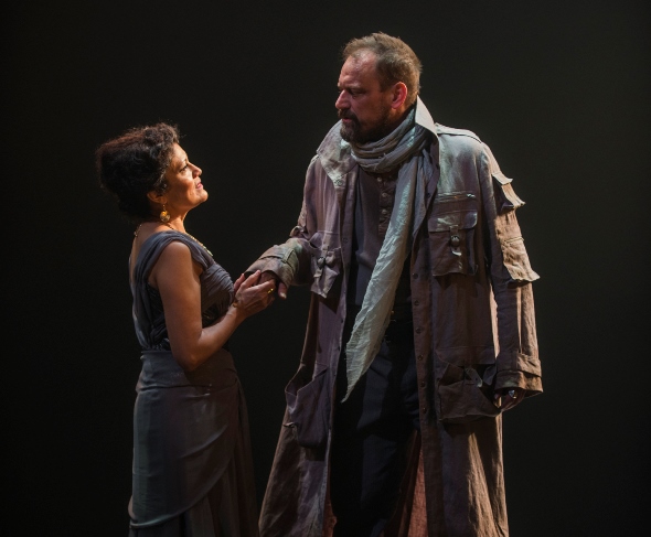 Clytemnestra (Sandra Marquez) greets her long-absent husband (Mark L. Montgomery) in 'Agamemnon.' (Michael Brosilow)