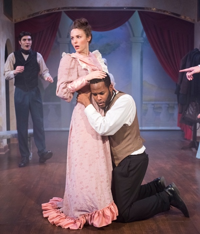 As Othello, Ira Aldridge (Brandon Greenhouse) shows Desdemona (Tuckie White) how they should embrace. (Dean La Prairie)