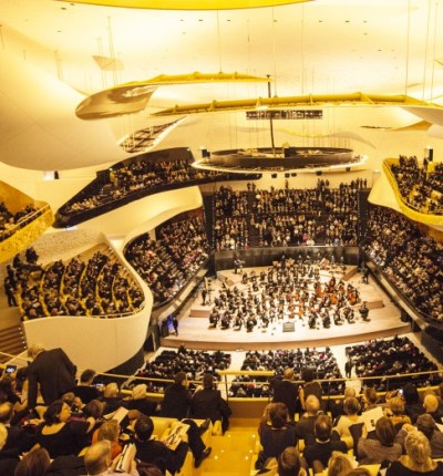 Curvaceous clouds and balcony structures contribute to the Philharmonie's detailed sound.