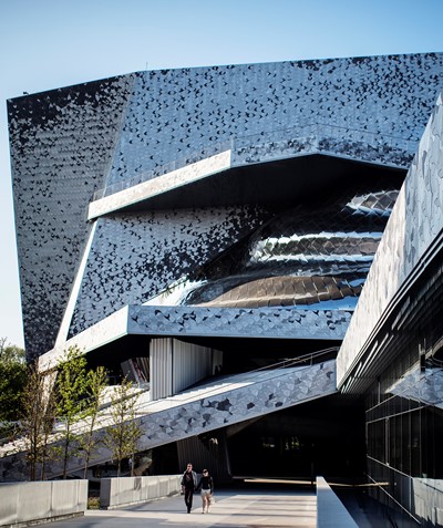 From the outside, the Paris Philharmonie presents a complex image of angles and terrraces.