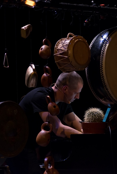 Percussionist Matthew Duvall and a quietly musical cactus. (Nathan Keay)
