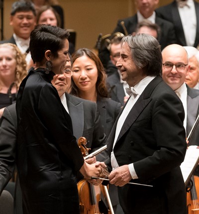 Riccardo Muti congratulates CSO resident composer Elizabeth Ogonek on her new work. (Todd Rosenberg)